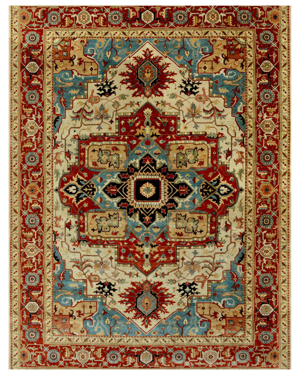 Blue Beige Rust Contrast Traditional Rug