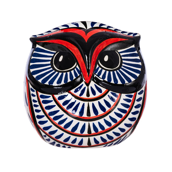 Ceramic Hand-Painted Owl, Red + Royal Blue Pattern