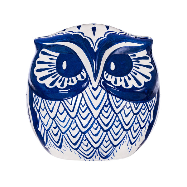 Ceramic Hand-Painted Owl, White + Royal Blue