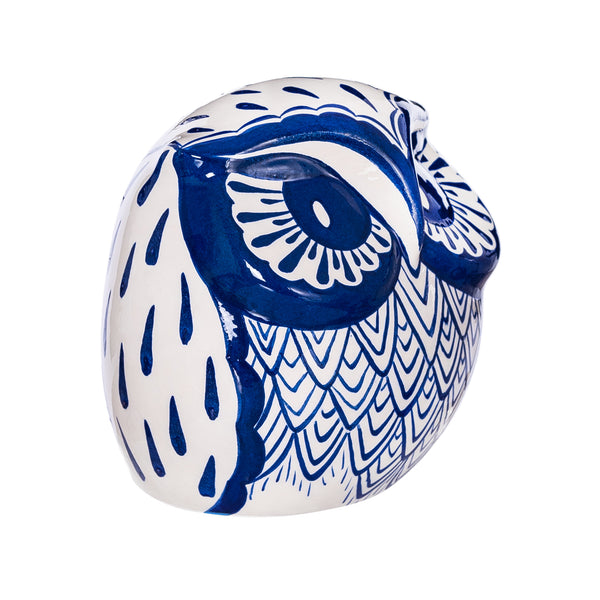 Ceramic Hand-Painted Owl, White + Royal Blue